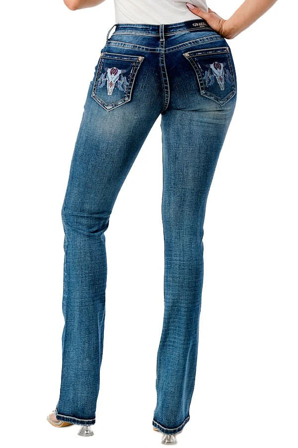 Grace in LA Steer Head Print Mid Rise Bootcut Jeans - Nail Gallerys