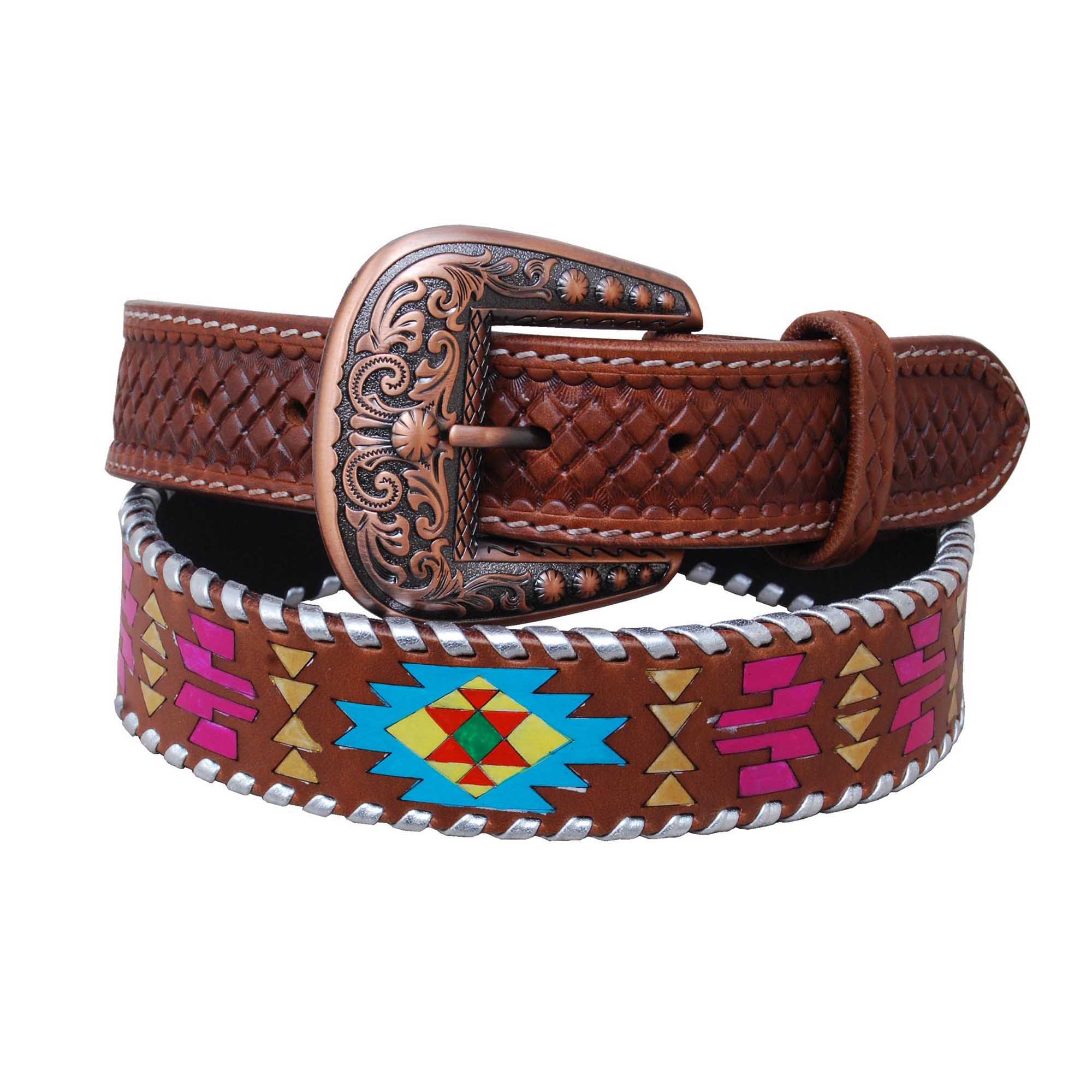 Rafter T Women's Painted Aztec & Silver Stitch Leather Belt - Nail Gallerys