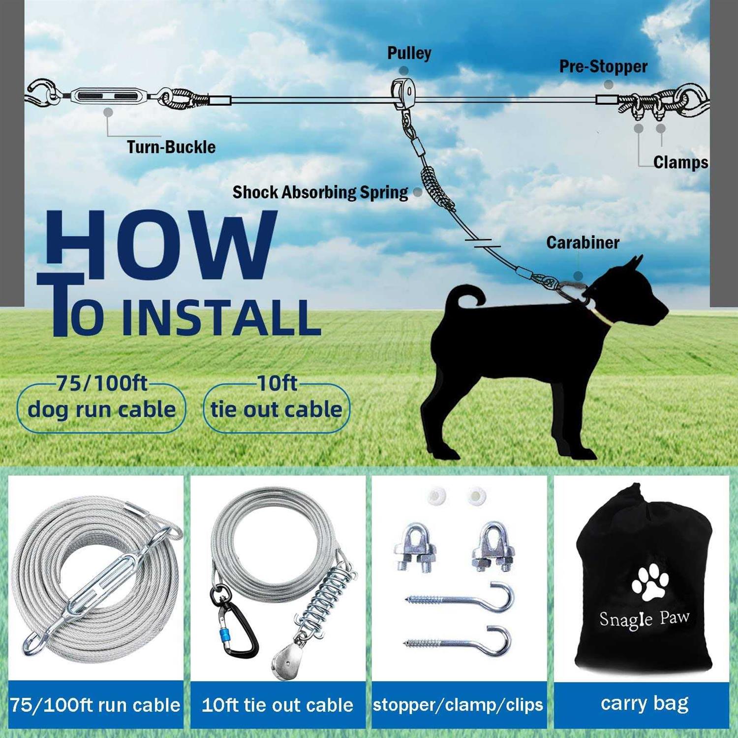 Snagle Paw Dog Tie Out Runner for Yard,Trolley System for Large Dogs Dog Aerial Cable with 10ft Pulley Runner Line for Dogs Up - Nail Gallerys