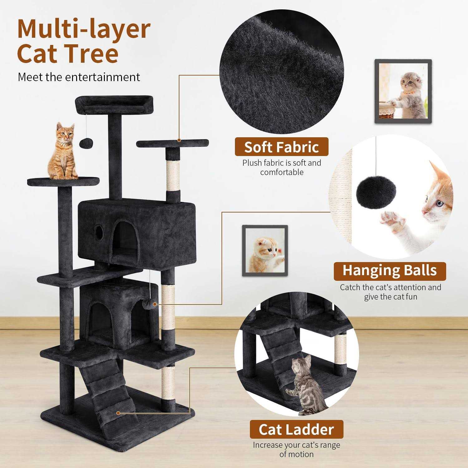 PayLessHere Cat Tree 54in Cat Tower with Cat Scratching Post,Multi-Level Cat Condo Stand House Furniture Kitty Activity Center with Furry Ball Toys - Nail Gallerys