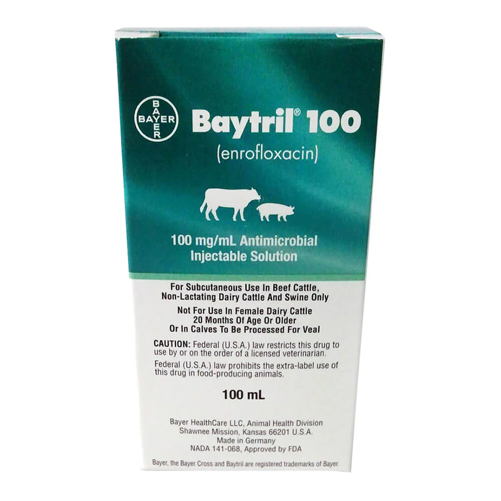 Rx Baytril 100 (enrofloxacin) 100mg/mL Antimicrobial Injectable Solution for Swine & Cattle - Nail Gallerys