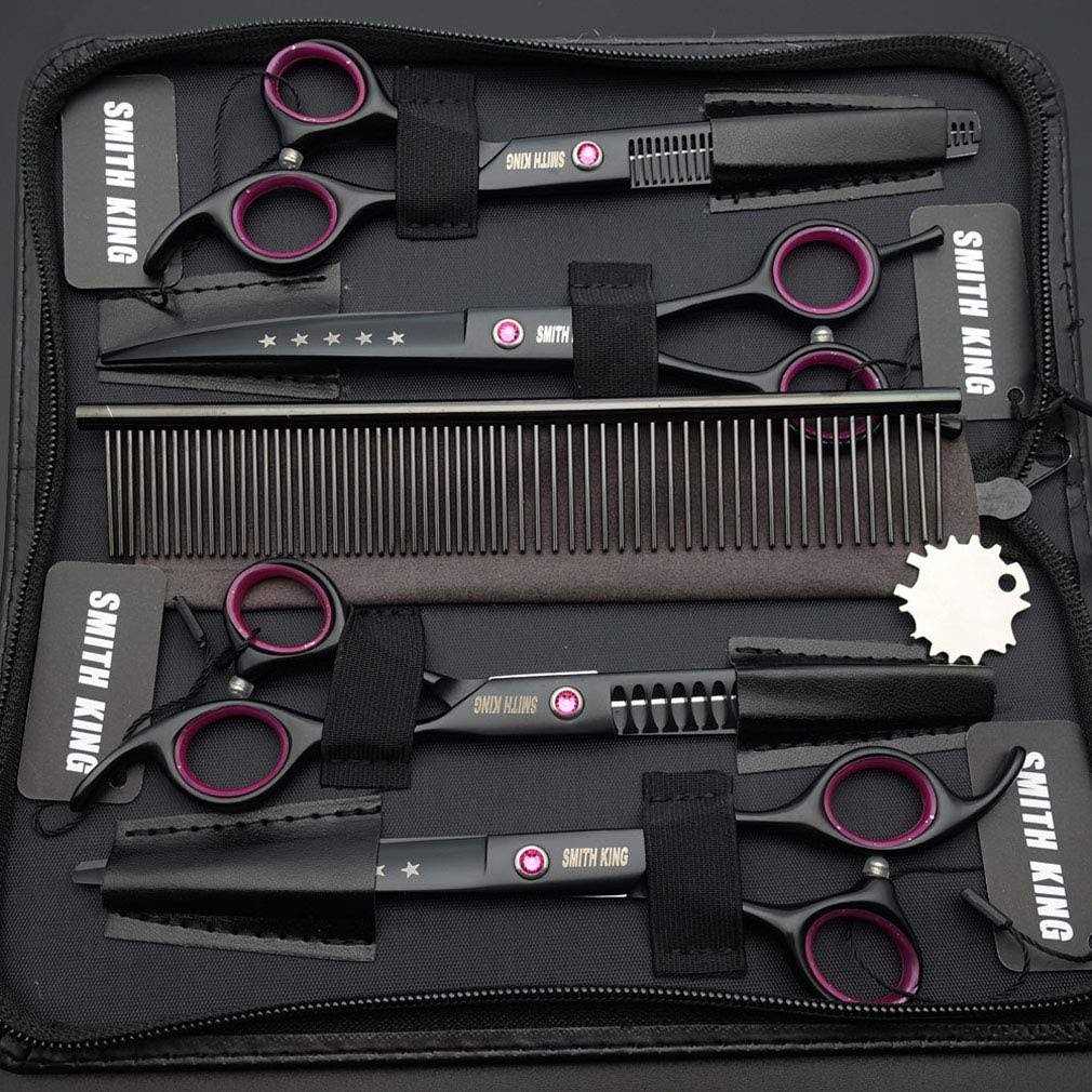 Smithking 7.0 inches Professional Dog Grooming Scissors Set Straight & thinning & Curved & chunkers 4pcs in 1 Set - Nail Gallerys