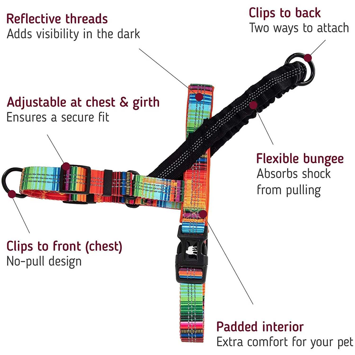 Leashboss Pattern Reflective No Pull Dog Harness with Bungee Handle, Rear and Front Clip Attachment - Nail Gallerys