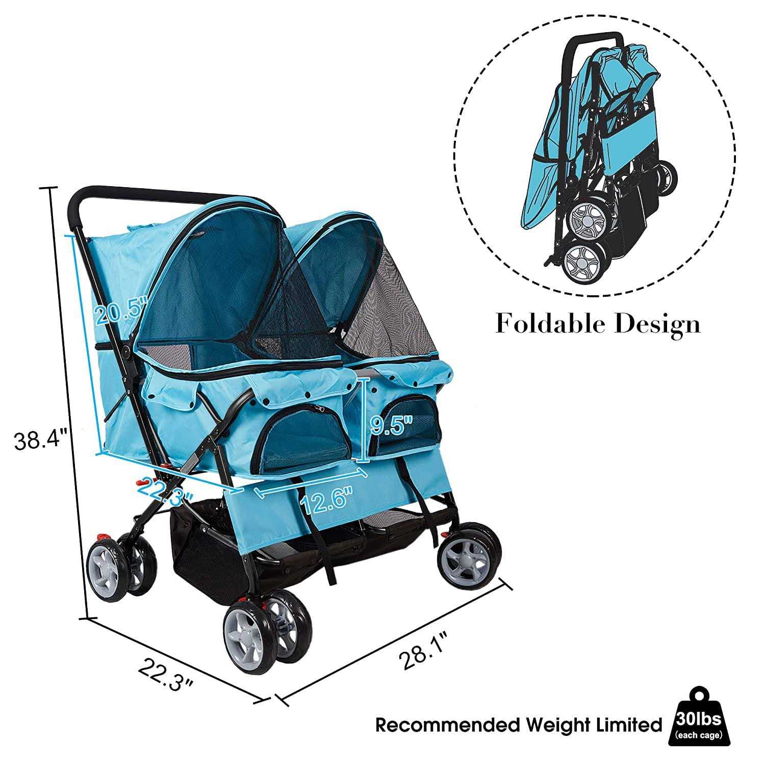 Dporticus Double Pet Stroller Foldable Stroller for 2 Dogs Cats Two-Seater Carrier Strolling Cart for Dog Cat and More Multiple Colors - Nail Gallerys