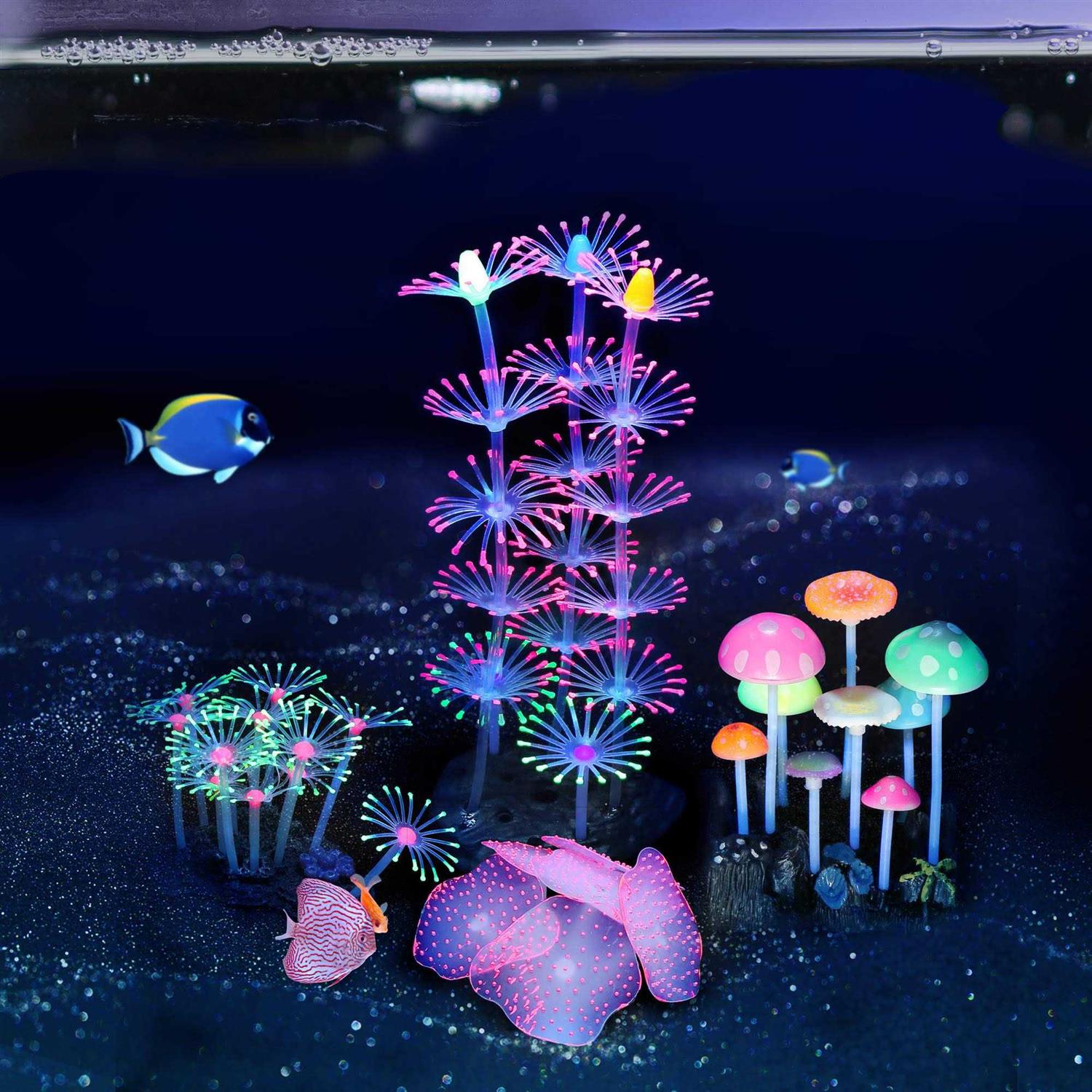 Lpraer 4 Pack Glow Aquarium Decorations Coral Reef Glowing Mushroom Anemone Simulation Glow Plant Glowing Effect Silicone for Fish Tank Decorations - Nail Gallerys