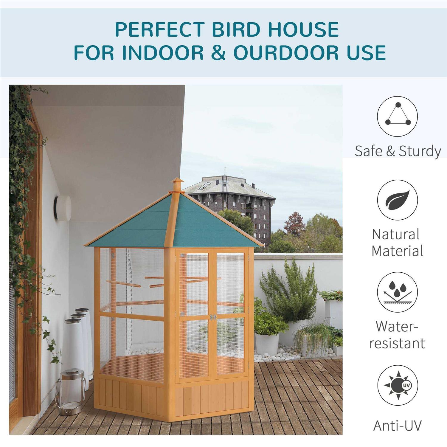PawHut 69 Large Wooden Hexagonal Outdoor Aviary Flight Bird Cage With Covered Roof - Nail Gallerys