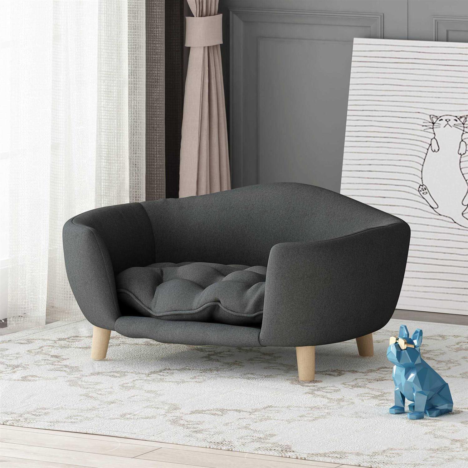 Noble House Ferncliffe Mid Century Small Plush Pet Bed, Dark Gray and Natural Finish - Nail Gallerys