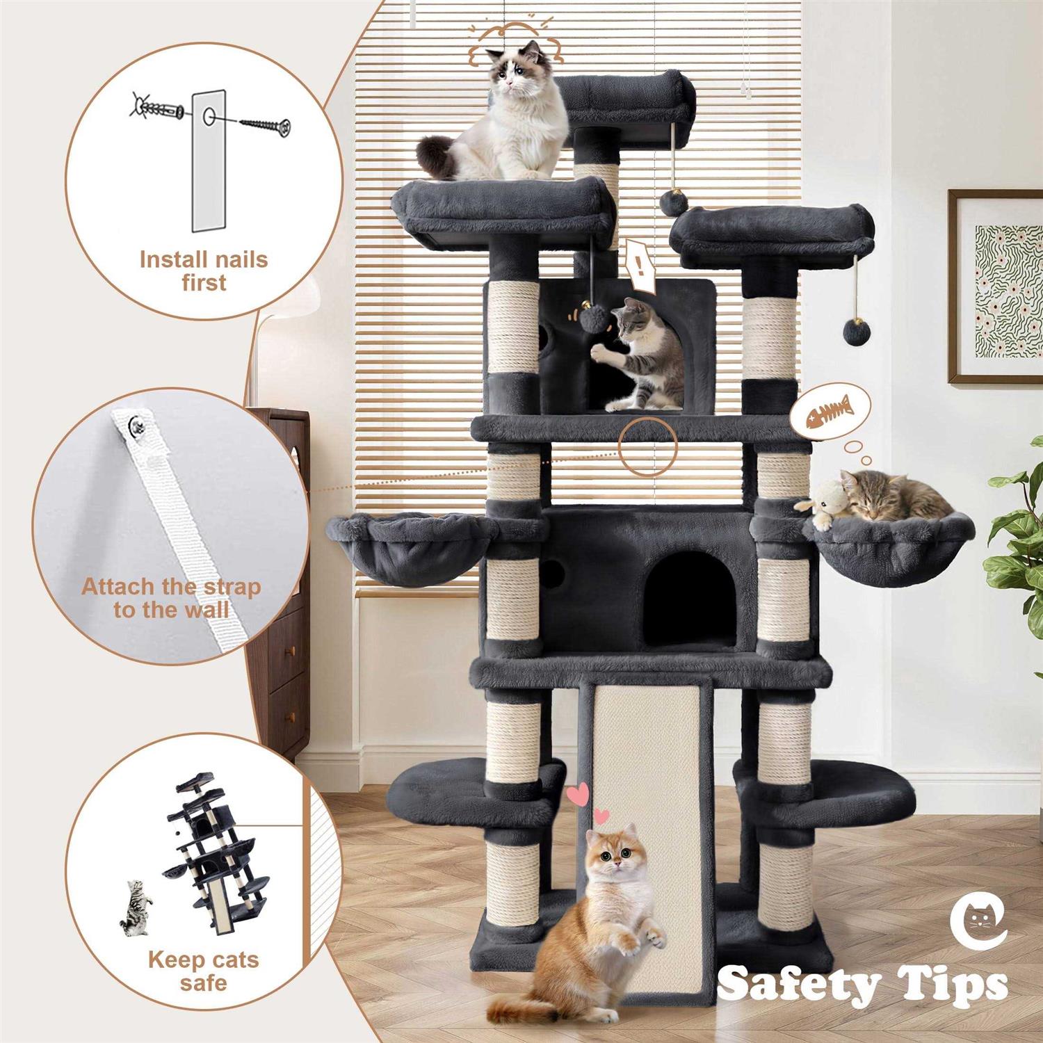 Amolife 68 Inch Cat Tower Multi-Level / X-Large Cat Tree King with Scratching Posts Kitty Pet Play House - Nail Gallerys