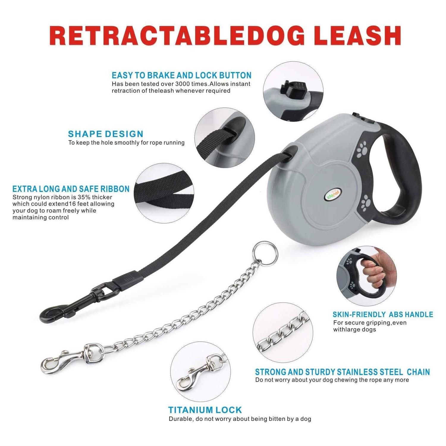 Idepet Heavy Duty Retractable Dog Leash for Small and Medium Dogs, Anti-Chewing Steel Chain 360 Degree Tangle-Free,Break and Lock System,16ft Leash - Nail Gallerys