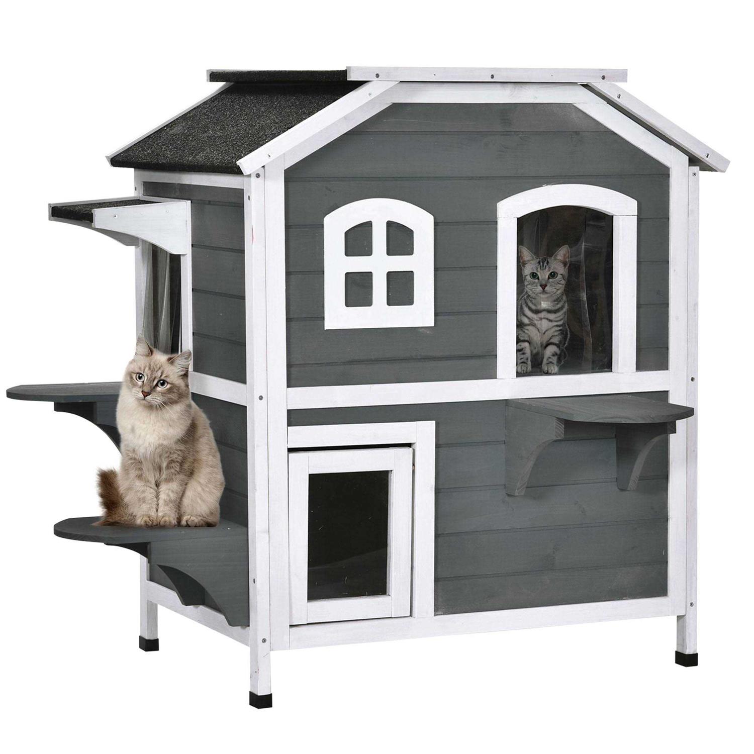 PawHut Wooden 2-Story Outdoor Cat House with Escape Door, Cat Openable Roof Platforms - Nail Gallerys