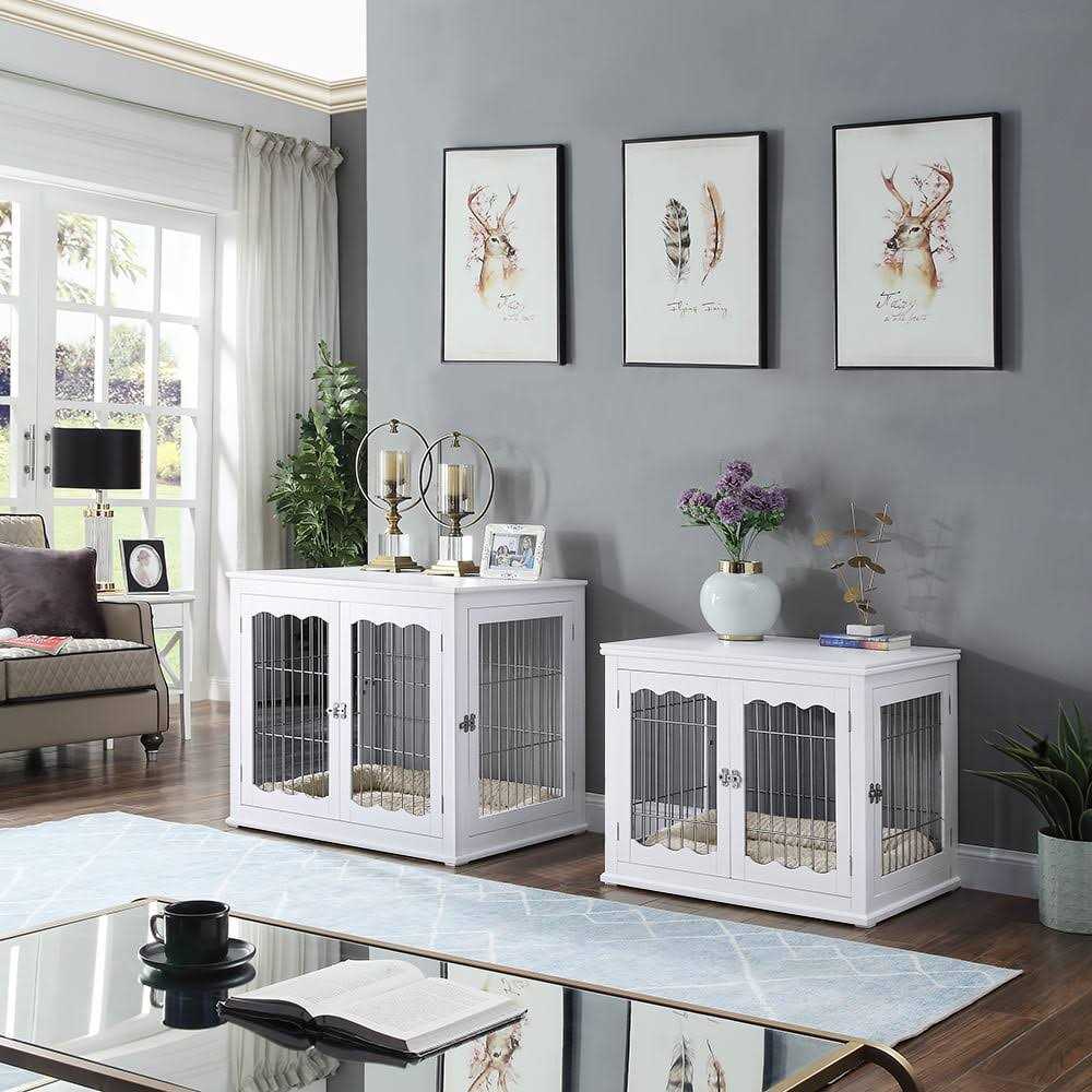 Unipaws Dog Crate End Table with Cushion Wooden Wire Pet Kennels with Double Doors - Nail Gallerys