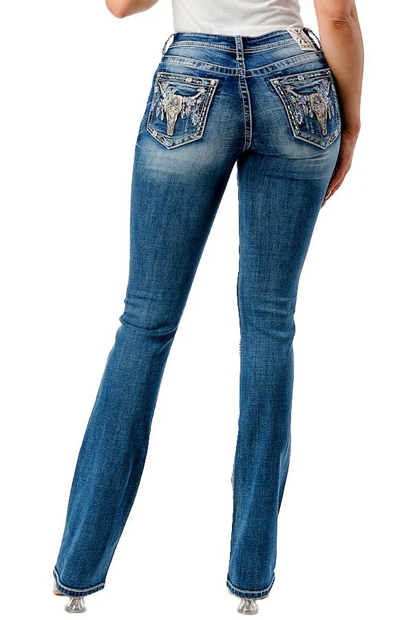 Grace in LA Steer Head Embroidered Mid Rise Bootcut Jeans - Nail Gallerys