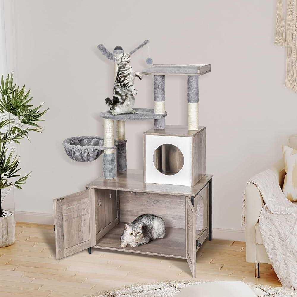 Snughome Cat Litter Box Enclosure with Cat Tree Wooden Hidden Cat Washroom Furniture with Condo - Nail Gallerys
