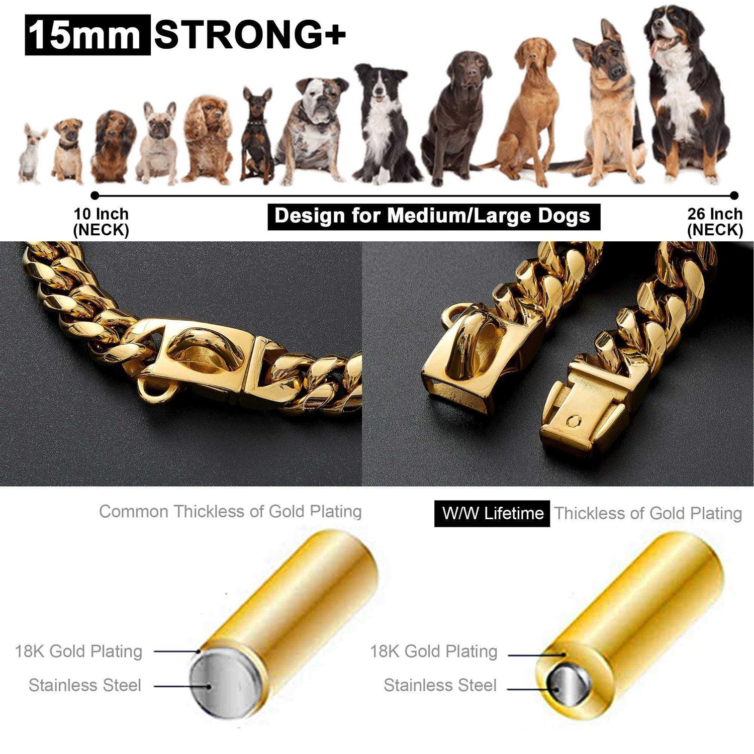 W/W Lifetime Gold Dog Chain Collar Walking Metal Chain Collar with Design Secure Buckle,18K Cuban Link Strong Heavy Duty Chew Proof for Medium Dogs - Nail Gallerys