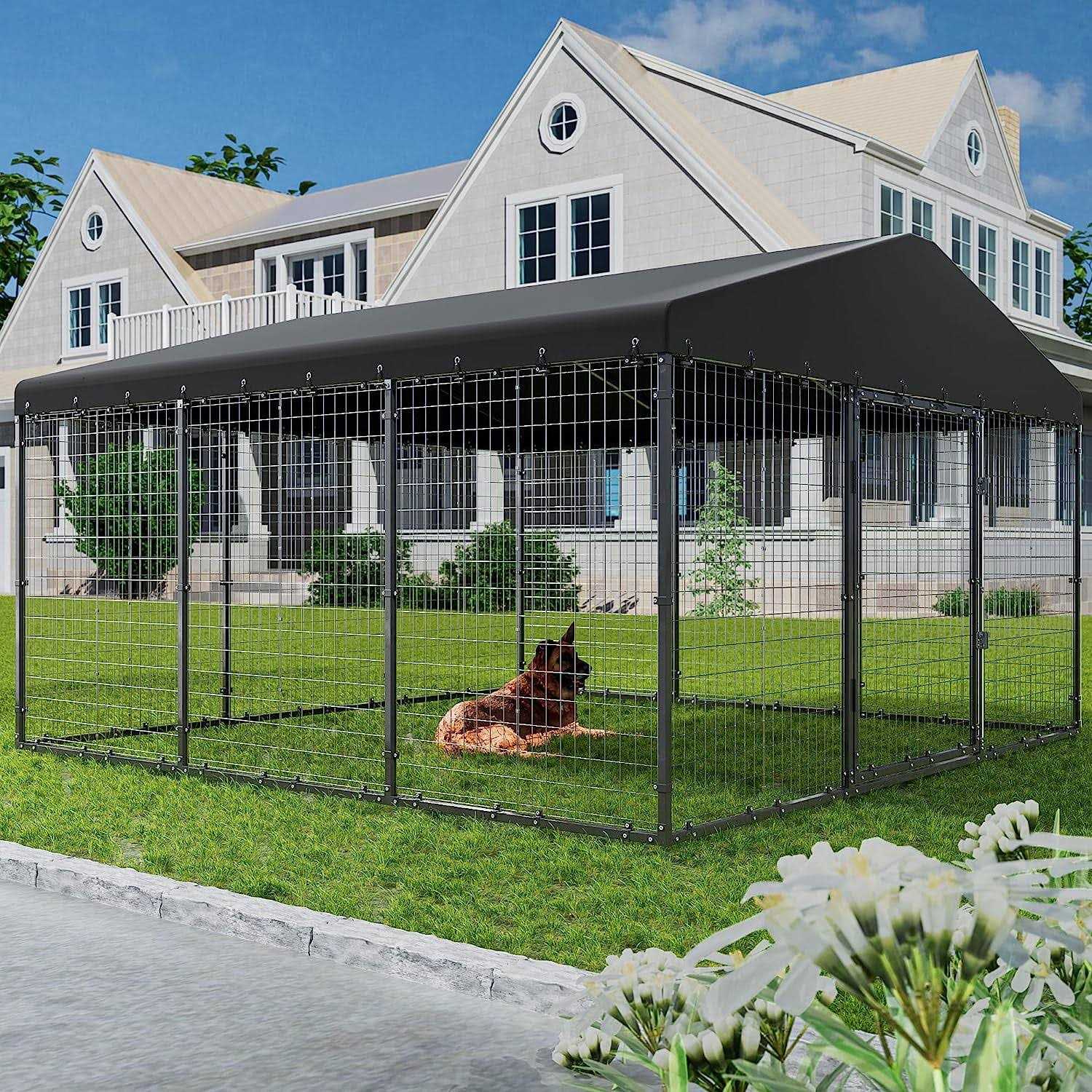 Alaulm Large Heavy Duty Outdoor Dog Kennel, Galvanized Steel Dog Kennel Fence with Roof and Double Safety Locks - Nail Gallerys