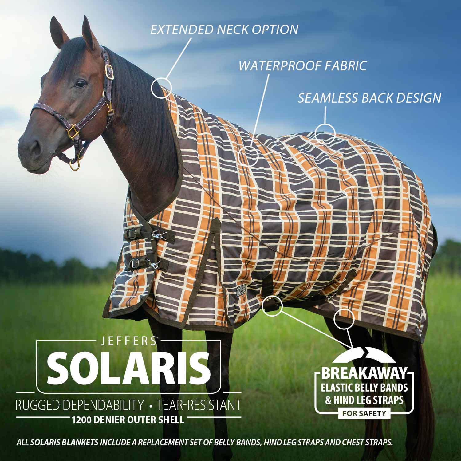 Solaris 1200D Extended Neck Horse Turnout Blanket, 240g Fill, Brown & Cream Plaid - Nail Gallerys