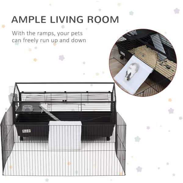 PawHut Rolling Metal Rabbit Guinea Pig or Small Animal Hutch Cage with Main House and Run - Nail Gallerys