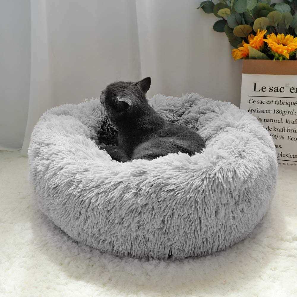 Otoez Round Plush Donut Pet Bed Warm Fur Cuddler Dog Cat Cushion Bed Calming Bed Non-Slip Bottom - Nail Gallerys