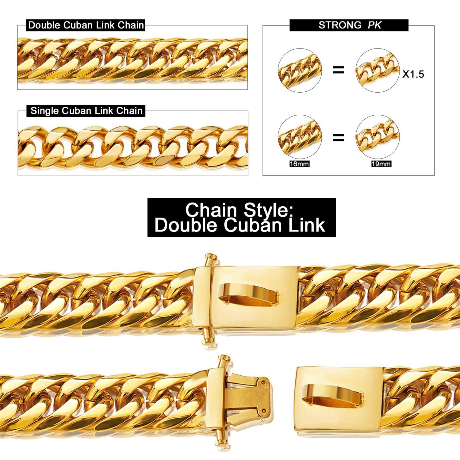 W/W Lifetime Gold Chain Dog Collar 16MM 18K Gold Cuban Link Dog Collar with Secure Snap Buckle - Nail Gallerys