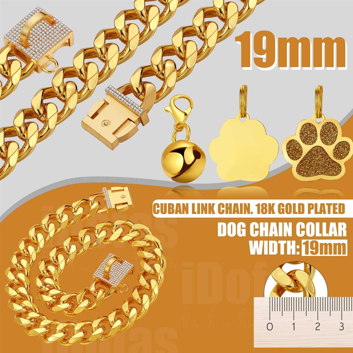 LuxLife Dog Chain Collar Designer Luxury Dog Collar Gold with CZ Buckle 19mm Cuban Link Dog Chain Metal Dog Collars for Puppy Small Medium Large - Nail Gallerys