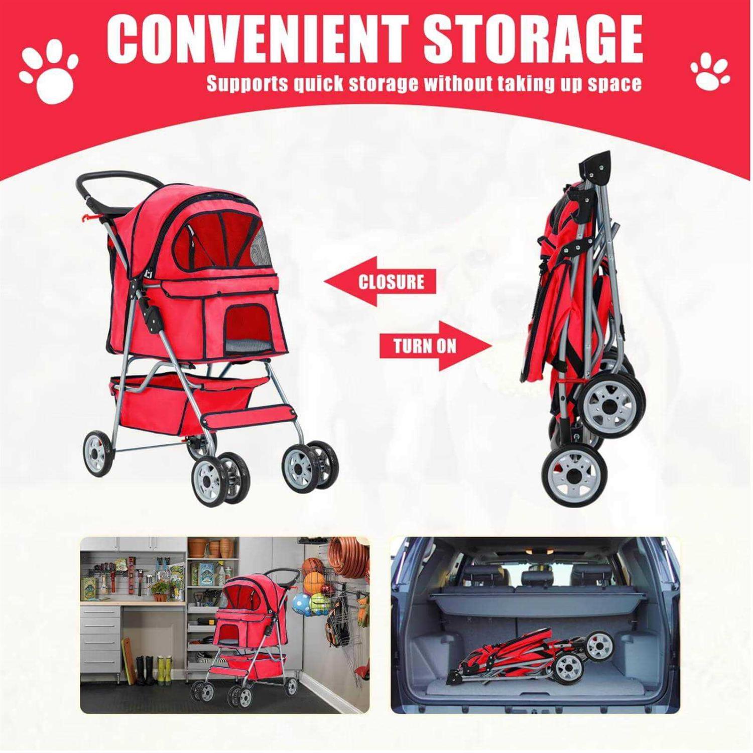 Pet Dog Stroller 4 Wheel Foldable Cat Dog Stroller with Storage Basket - Nail Gallerys