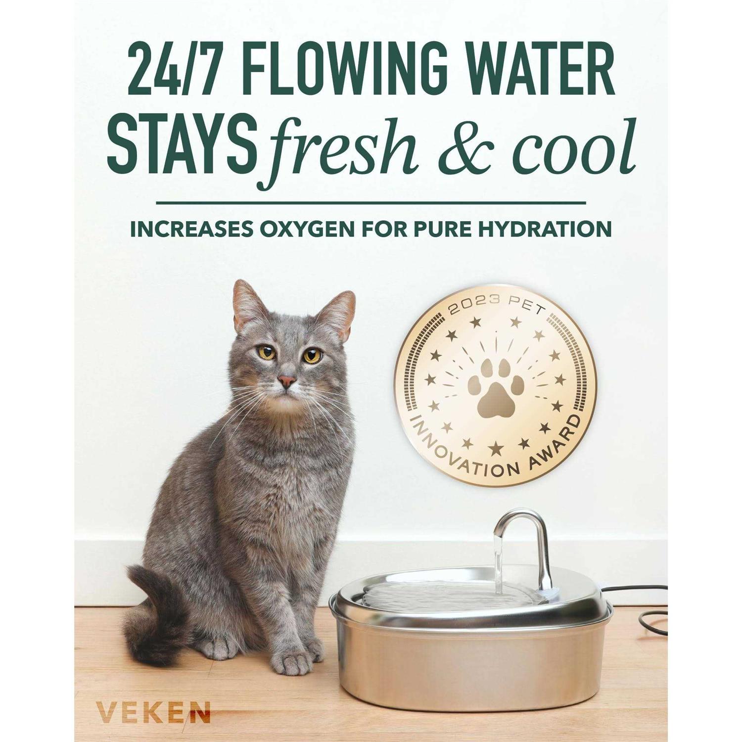 Innovation Award Winner Veken 85oz/2.5L Oval Stainless Steel Pet Fountain, Automatic Cat and Dog Water Dispenser with Smart Pump for Cats - Nail Gallerys