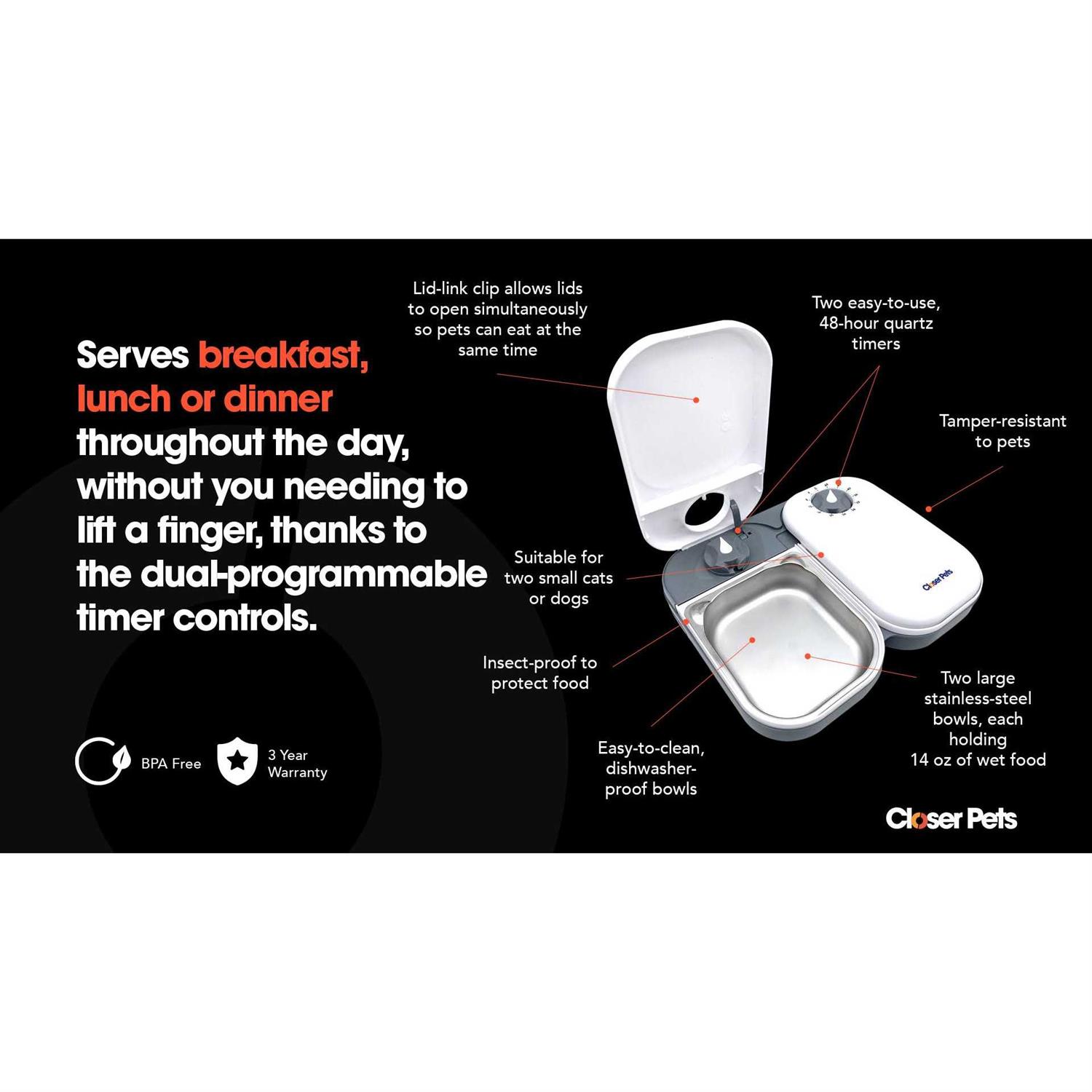 Closer Pets Two-Meal Automatic Pet Feeder with Stainless Steel Bowl Inserts - Nail Gallerys