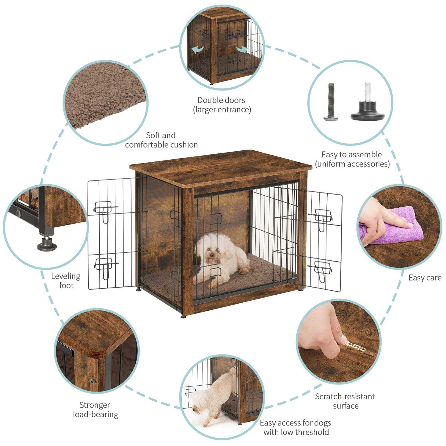 DWANTON Dog Crate Furniture with Cushion Wooden Dog Crate with Double Doors - Nail Gallerys