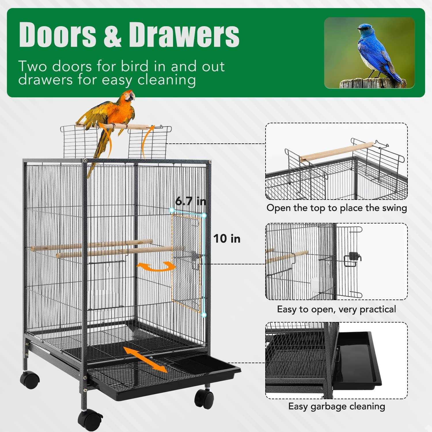 BestPet 35-inch Wrought Iron Bird Cage with Play Open Top and Rolling Stand,Black - Nail Gallerys