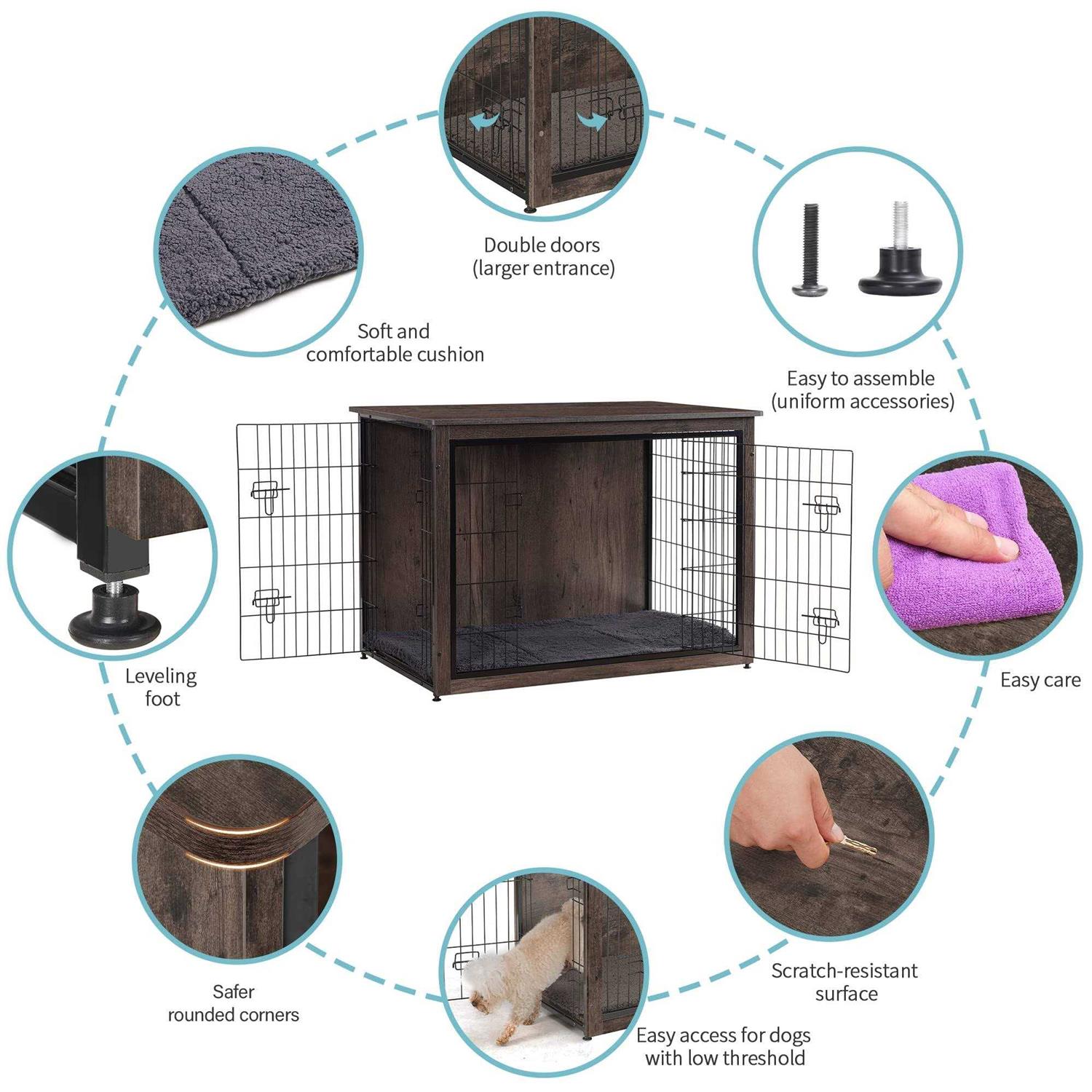 DWANTON Dog Crate Furniture with Cushion Wooden Dog Crate with Double Doors - Nail Gallerys