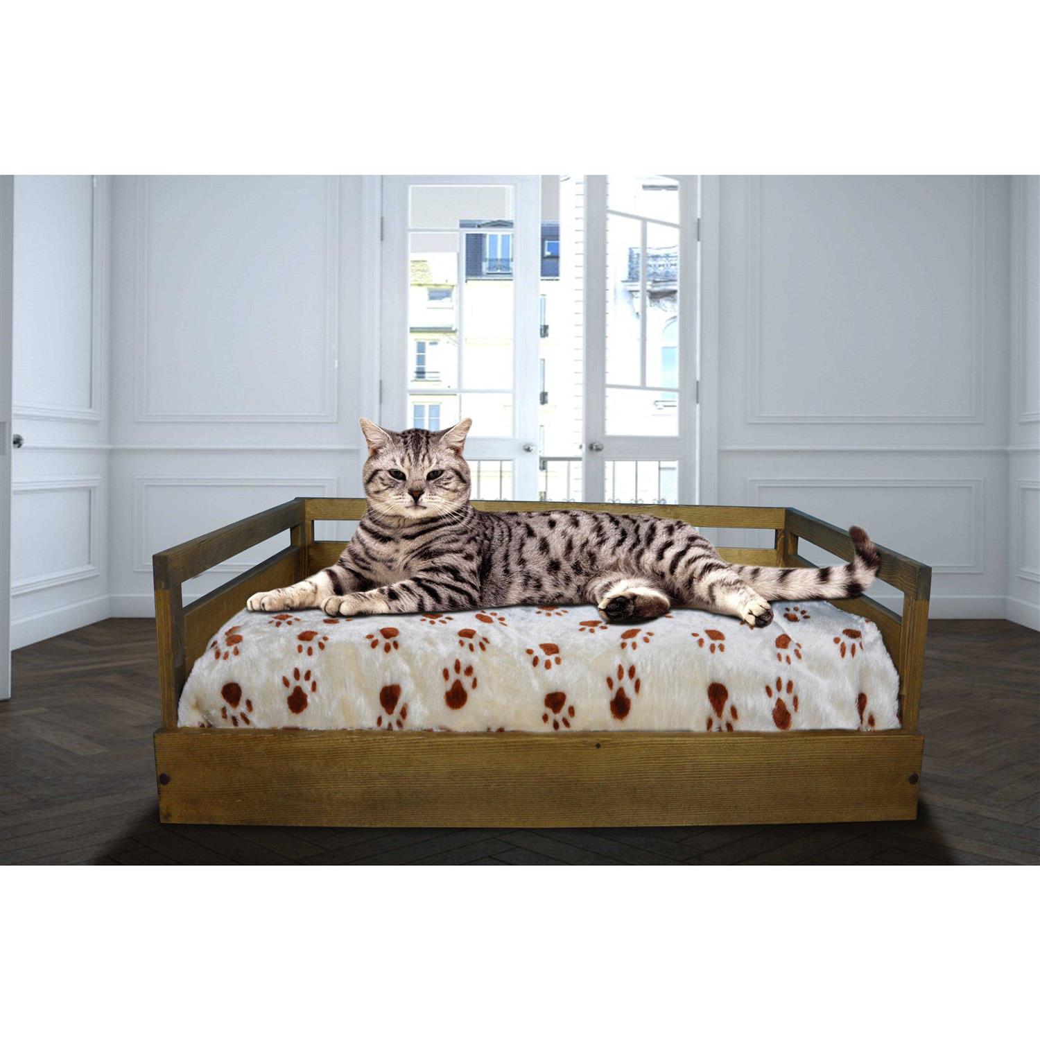 Iconic Pet Sassy Paws Wooden Pet Bed with Paw Printed Comfy Cushion - Nail Gallerys