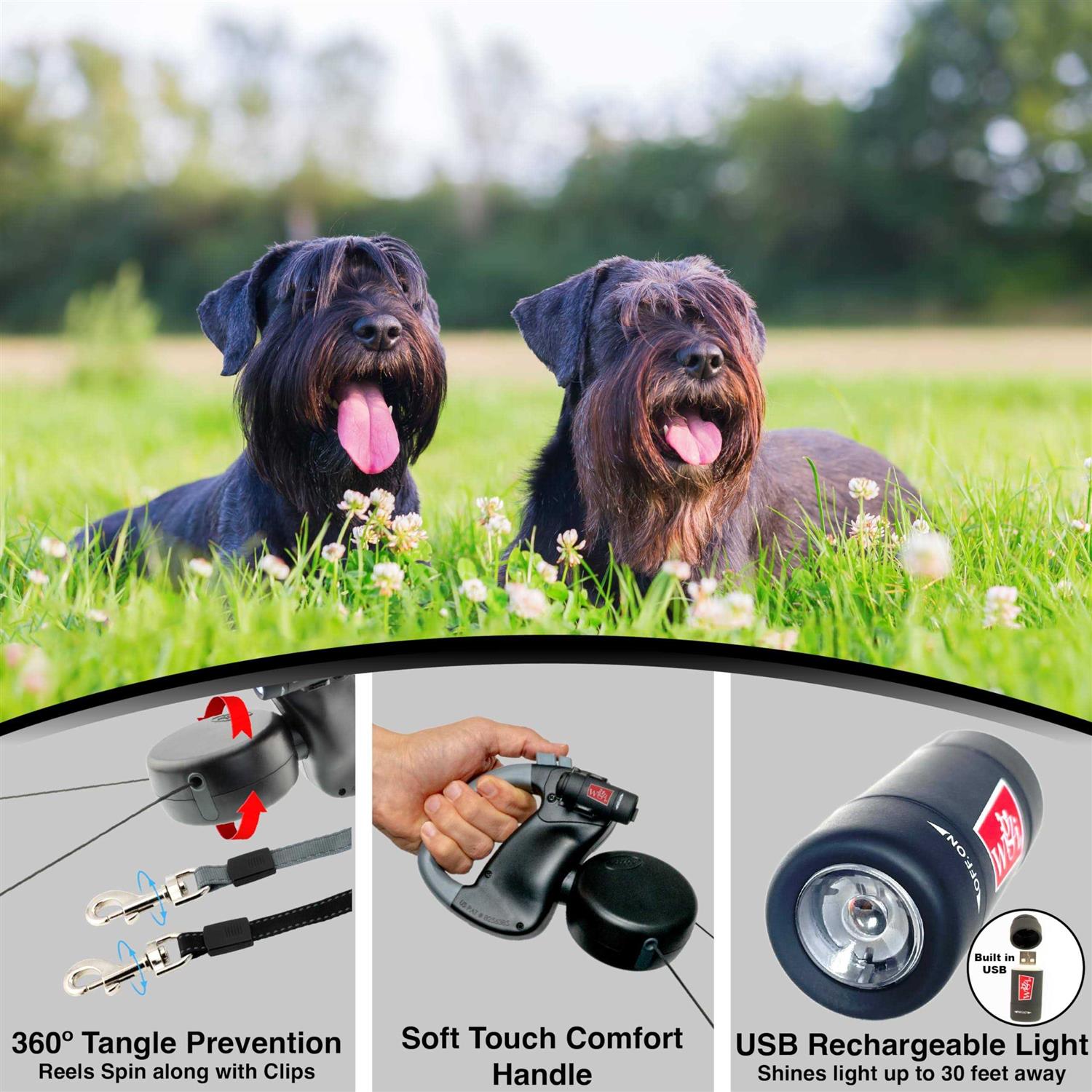 Wigzi Dual Doggie Retractable Leash with Light No Tangle 360 Coupler - Nail Gallerys