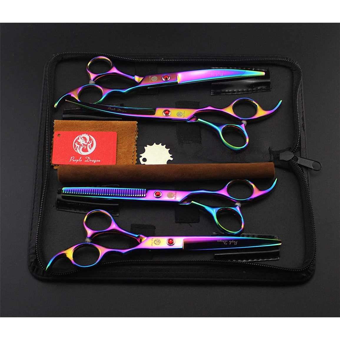 Purple Dragon Professional 7.0 inch 4PCS Pet Grooming Scissors Kit Japan Premium Steel Straight & Curved & Thinning Blade Dog Hair Cutting Shears Set - Nail Gallerys
