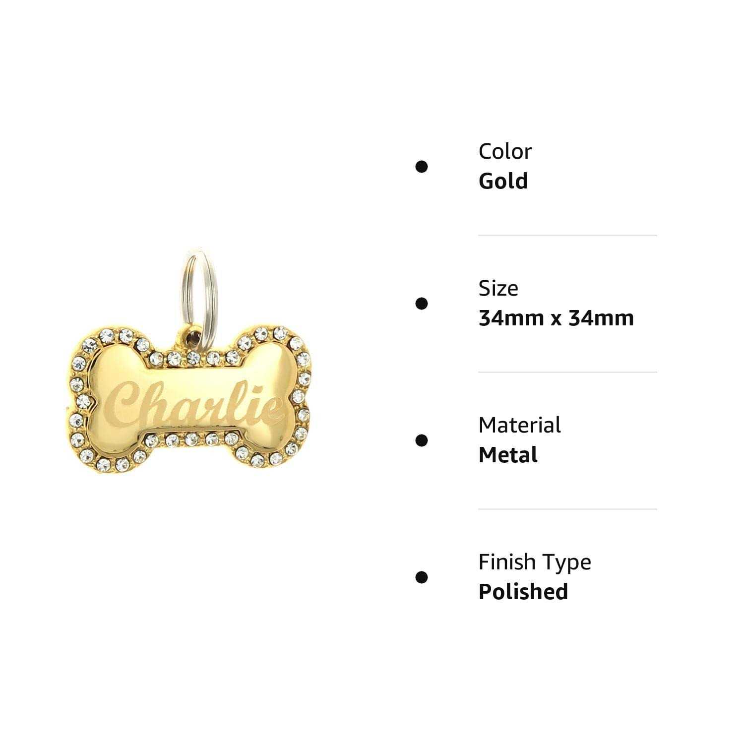 Custom Engraved Personalized Gold-Plated Bone Shape w/ Clear Rhinestones Dog Pet ID Jewelry Bling Tag - Nail Gallerys