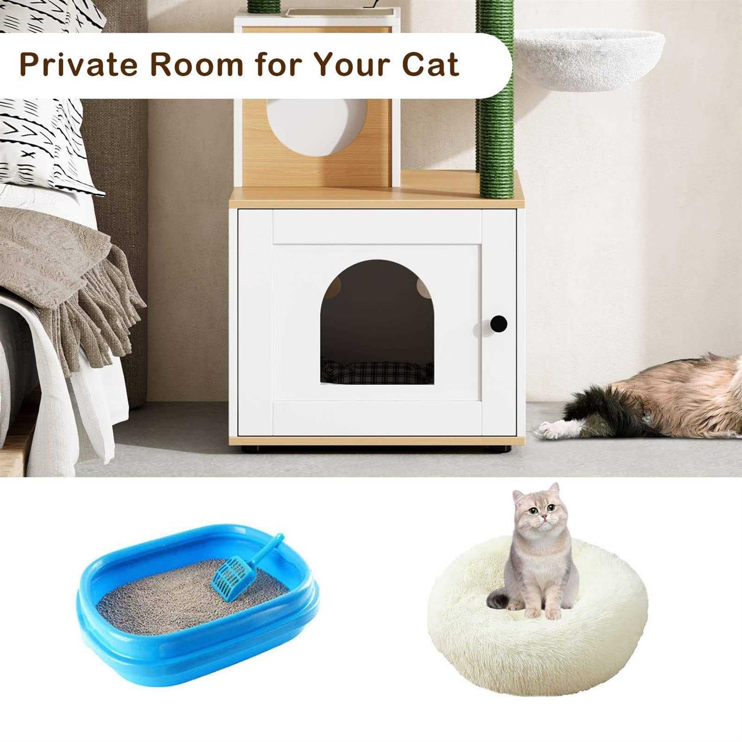 soges Cat Tree with Litter Box Enclosure, Hidden Cat Washroom with Scratching Posts, Cat Tree Tower with Cat Condo and Hammock - Nail Gallerys