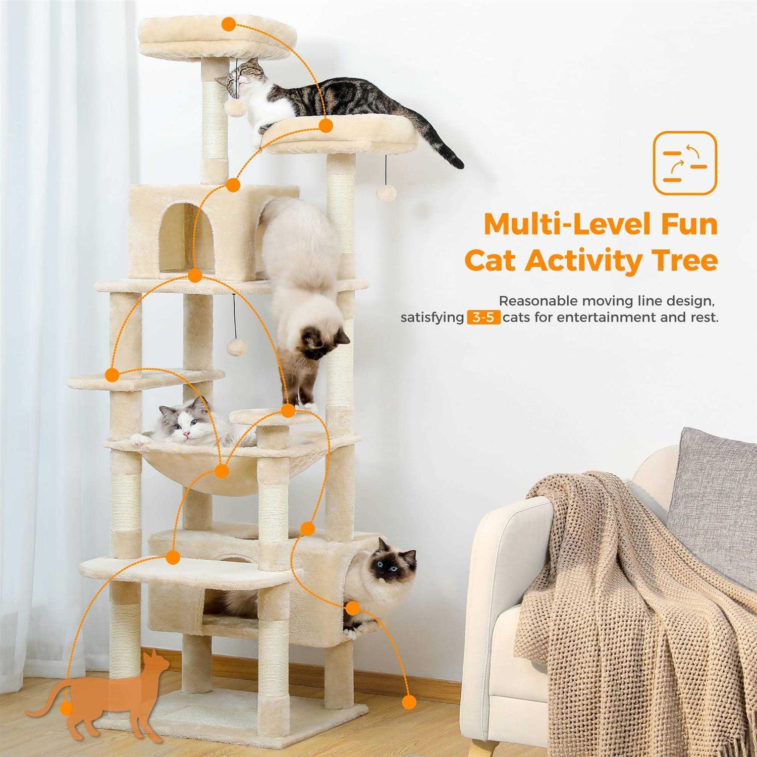 Pawz Road 73 inch Cat Tree for Large Cats Multi Level Tall Cat Tower Condo with 7 Scratching Posts - Nail Gallerys