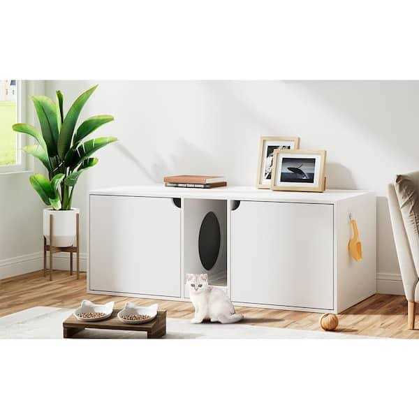 FUFU&GAGA White Wood Side End Table Cat Litter Box with Double Room - Nail Gallerys