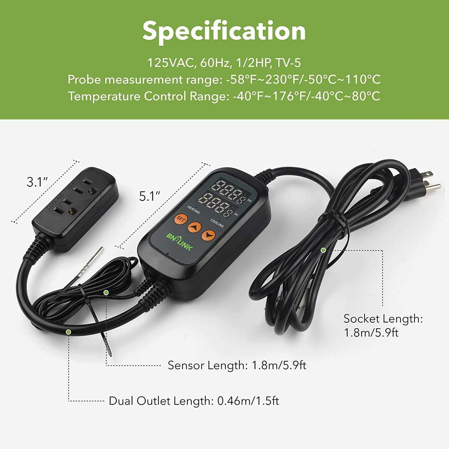 BN-LINK Digital Temperature Controller Heating Cooling 2-Stage Outlet Thermostat Controller Plug for Reptiles Aquarium Carboy Homebrew Breeding - Nail Gallerys
