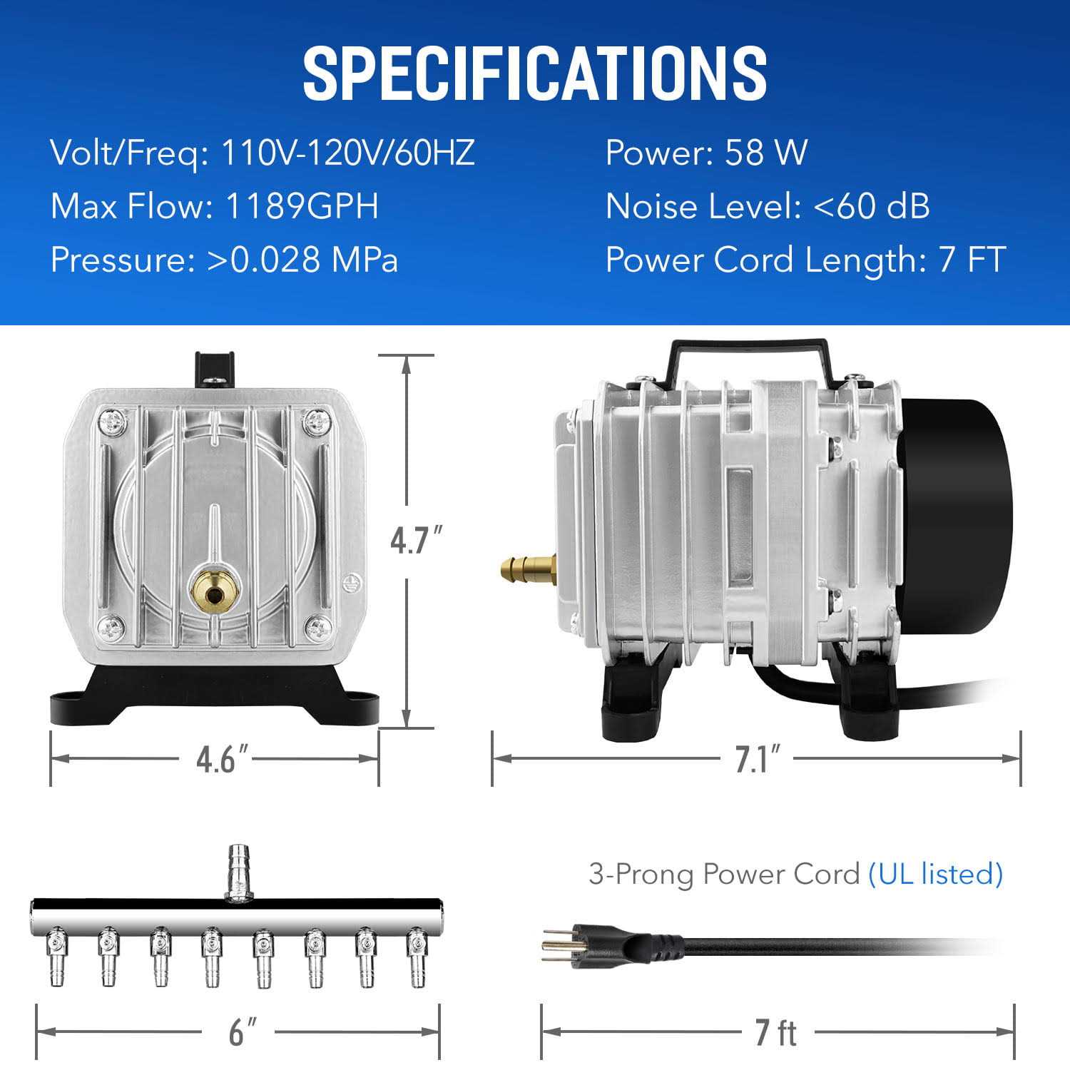 Simple Deluxe Commercial Air Pump LGPUMPAIR75 1189 GPH 58W 75L/min 8 Outlets with Airline Tubing 25 Feet for Aquarium - Nail Gallerys