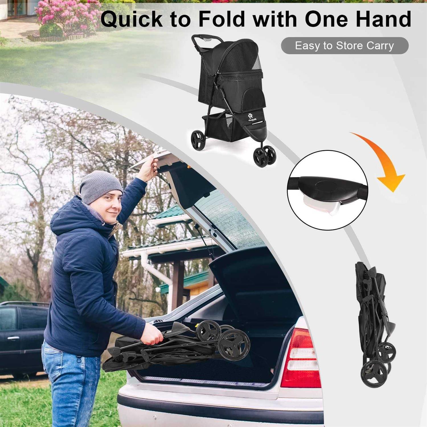 Timati Dog Stroller 3 Wheels Pet Stroller Foldable Dog Cat Carrier Strolling with Brake, Canopy, Cup Holders and Bottom Storage Space - Nail Gallerys