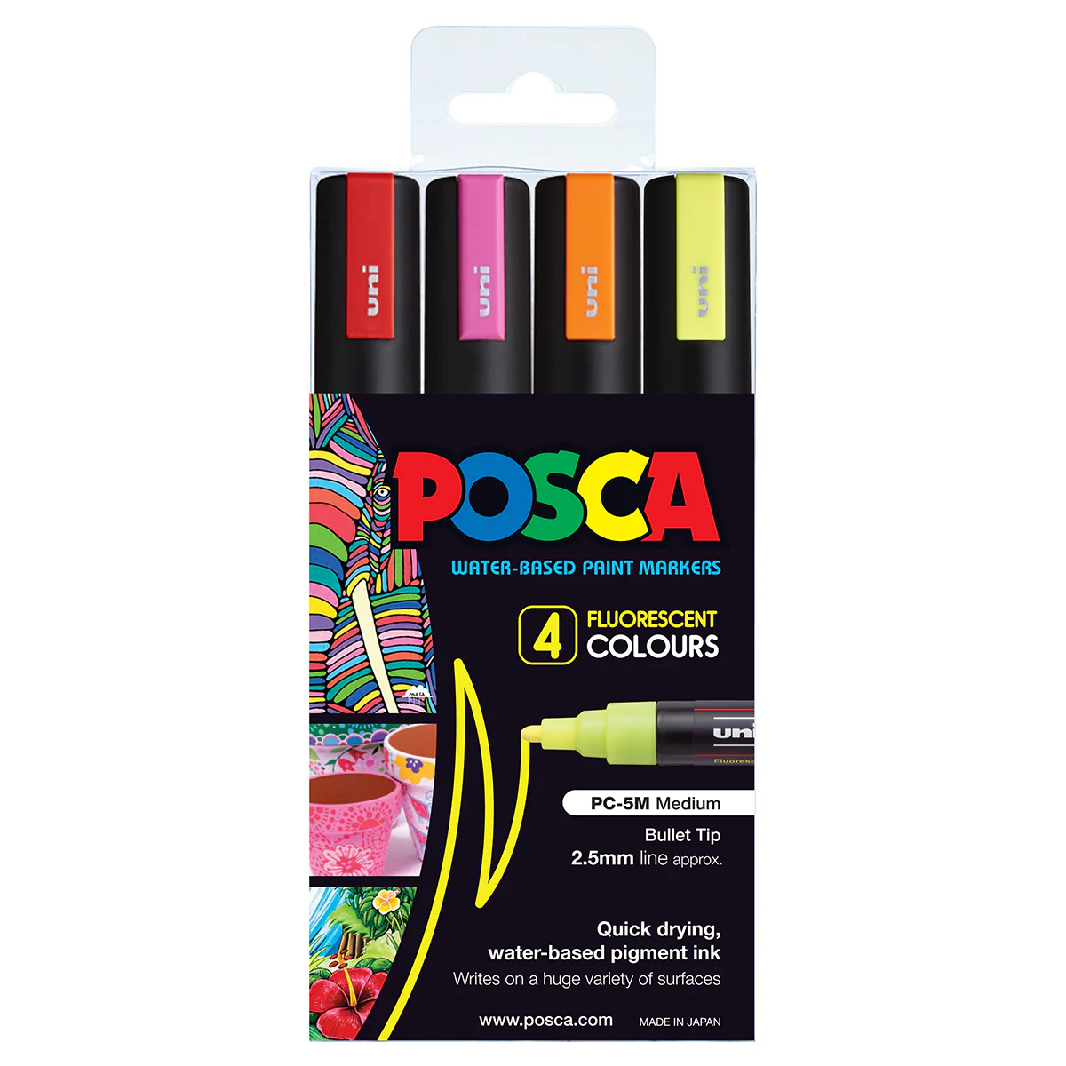 Uni Posca PC-5M 1.8-2.5mm Medium Bullet Tip Fluoro Colours Markers Set of 4 - Nail Gallerys