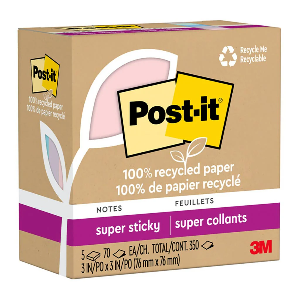 Post-it 100 Recycled 76x76mm Wanderlust Super Sticky Notes Pack of 5 - Nail Gallerys