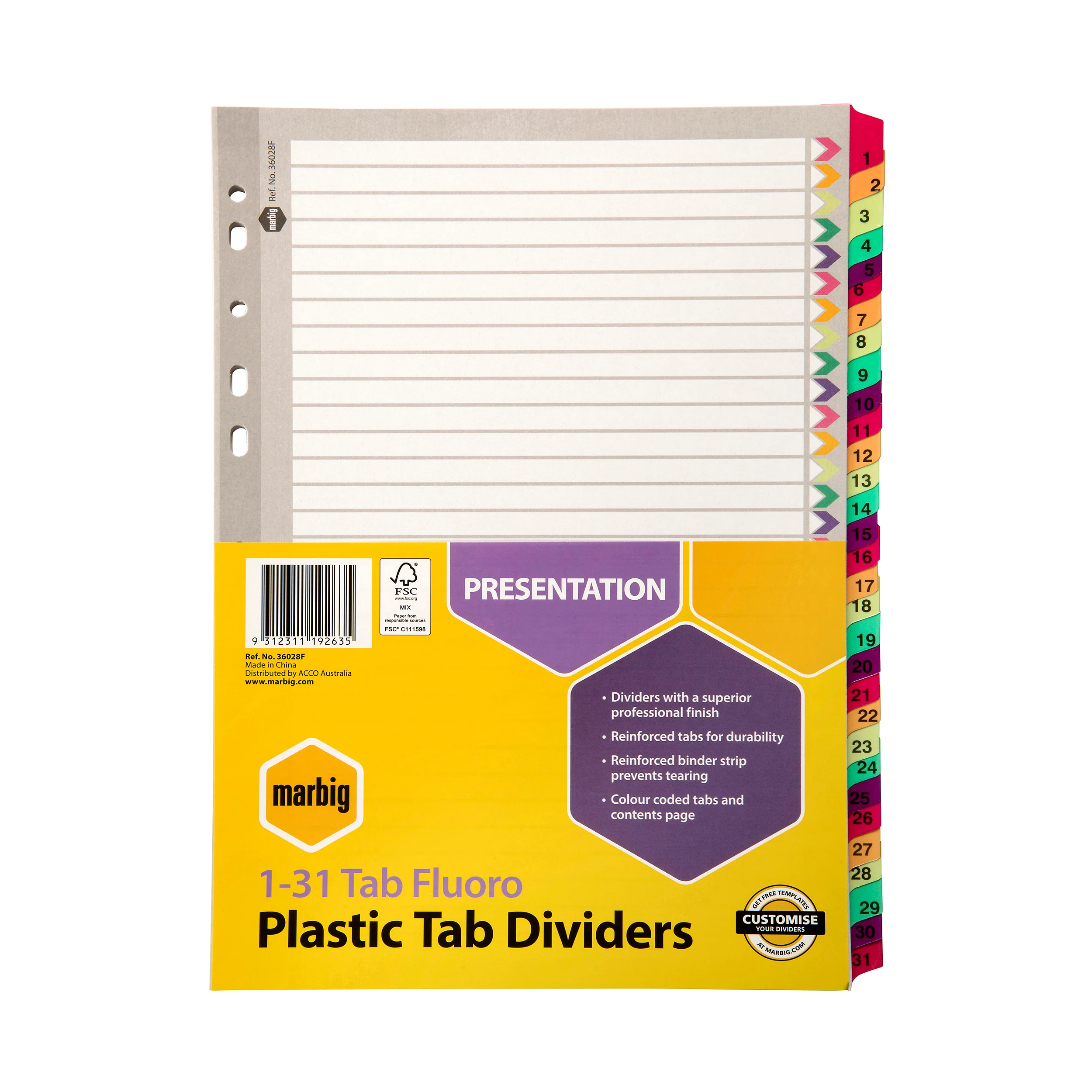Marbig Indices & Dividers 1-31 Tab Reinforced A4 Fluoro - Nail Gallerys