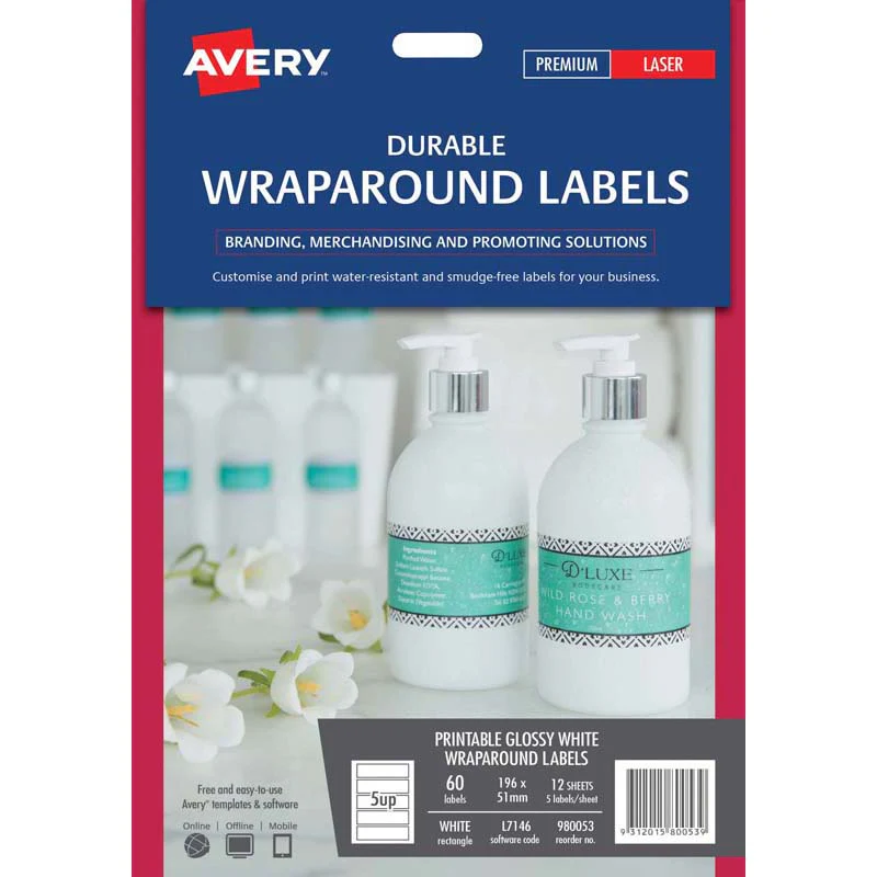 Avery Label L7146 Wrapround White Durable 5up 12 Sheets Laser 196x51mm - Nail Gallerys
