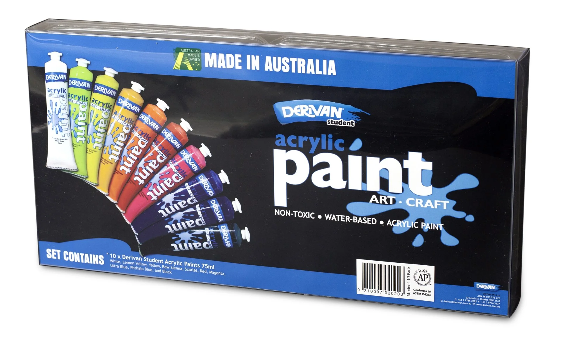 Derivan Acrylic Student Paint Set of 10 x 75ml - Nail Gallerys