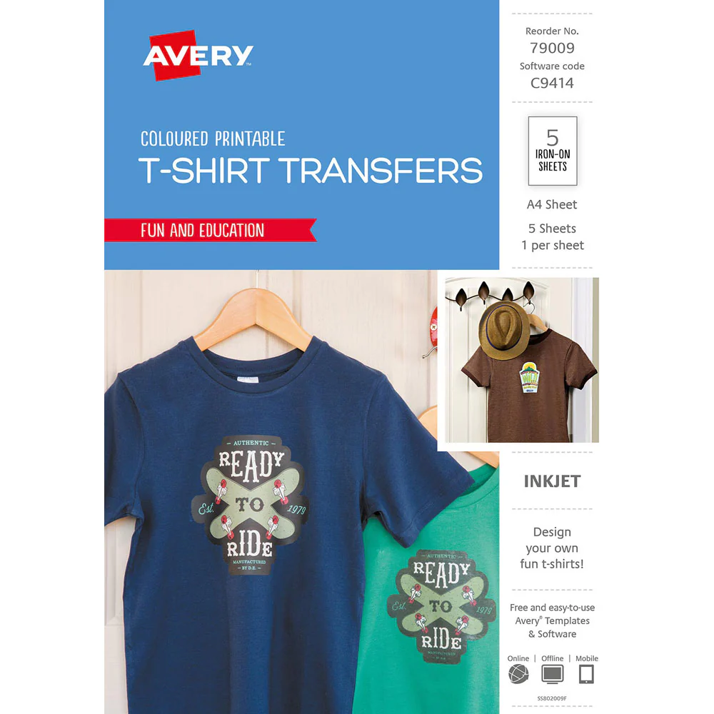 Avery Tshirt Transfer Inspired C9414 A4 Dark Coloured 1up 5 Sheets - Nail Gallerys