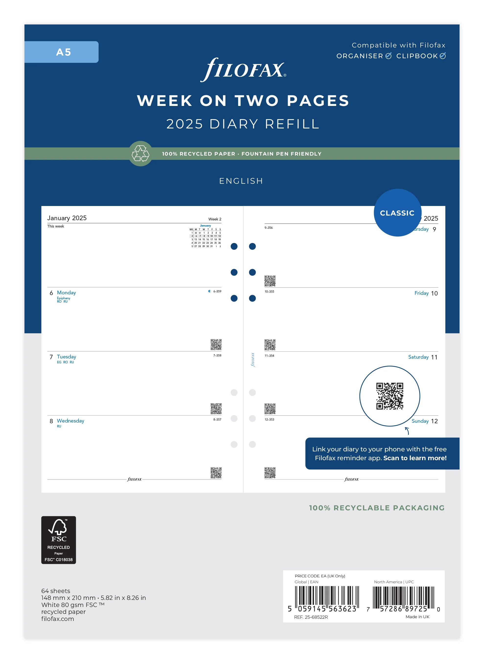 Filofax Recycled Week to View Diary A5 2025 Refill - Nail Gallerys