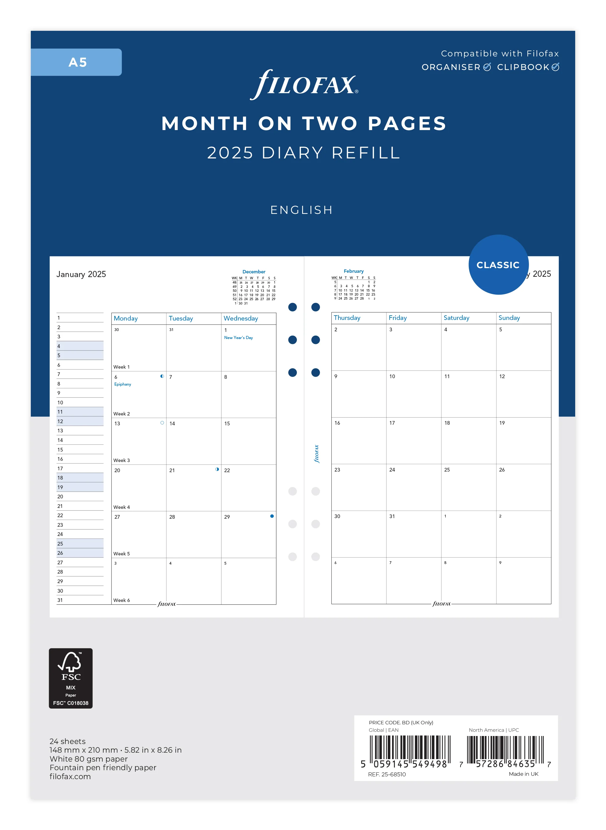 Filofax Classic Month To View A5 2025 Refill - Nail Gallerys