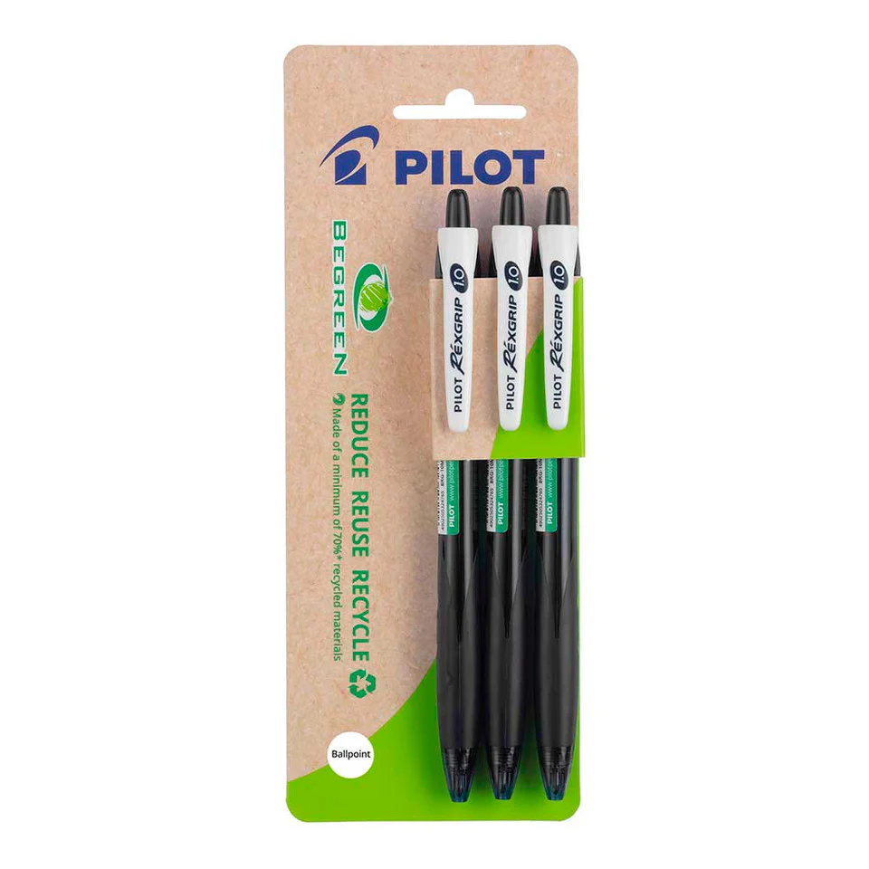 Pilot Begreen Rexgrip Ballpoint Pens Medium Pack Of 3 - Nail Gallerys