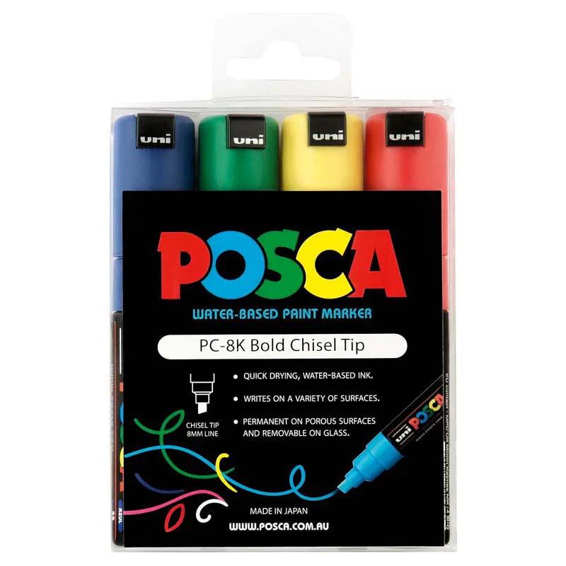 Uni Posca PC-8K 8.0mm Bold Chisel Assorted Markers Set of 4 - Nail Gallerys